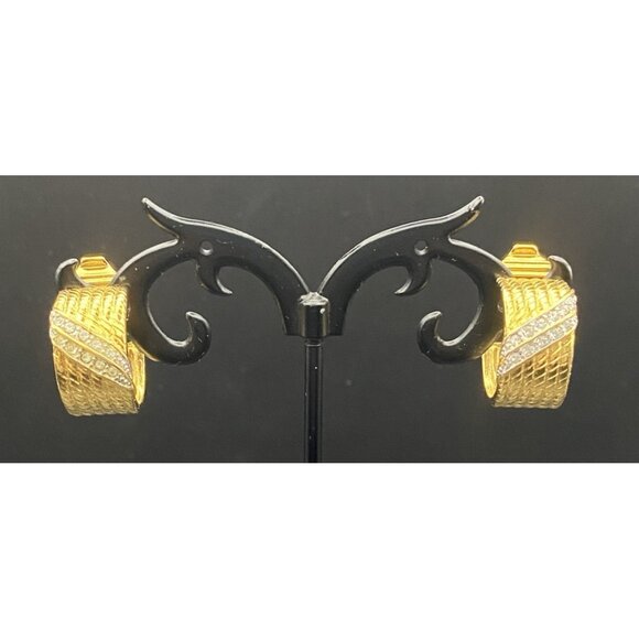 VTG Monet Clip-on Hoop Earrings Gold Tone Wide Ribbed 1980-90'sPave Crystal .75" - Picture 1 of 7